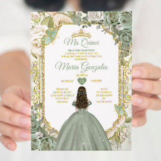 Sage Green Mis Quince 15 Anos Gold Crown Butterfly Einladung