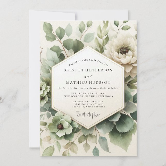 Sage Green Misted Flora Wedding Einladung (Vorderseite)
