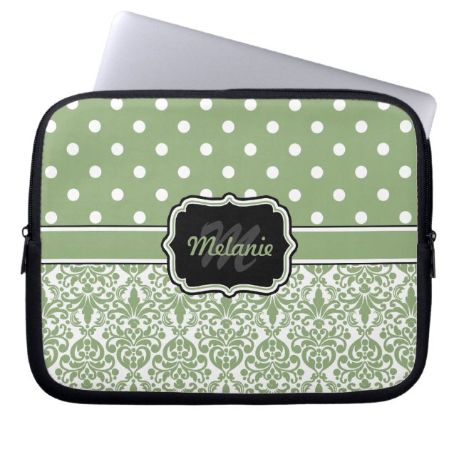Sage Green Mit Monogramm Damask Polka Dot Laptopschutzhülle (Vorderseite)