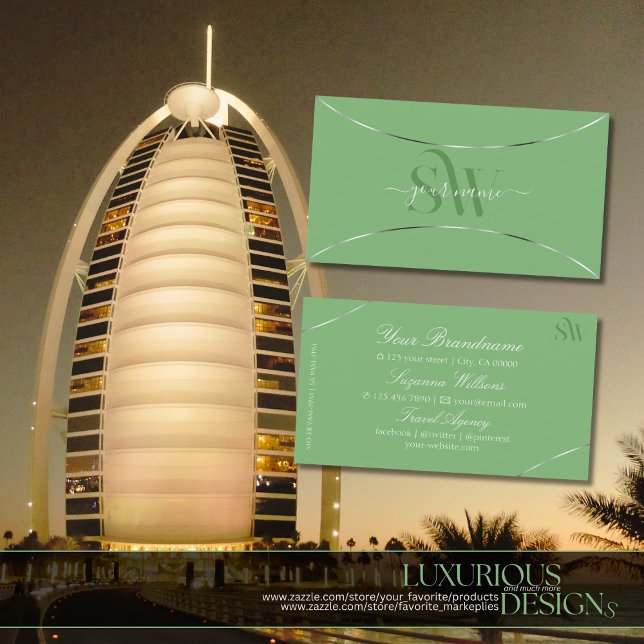 Sage Green mit Silver Decoder und Monogram Stilvol Visitenkarte (Von Creator hochgeladen)