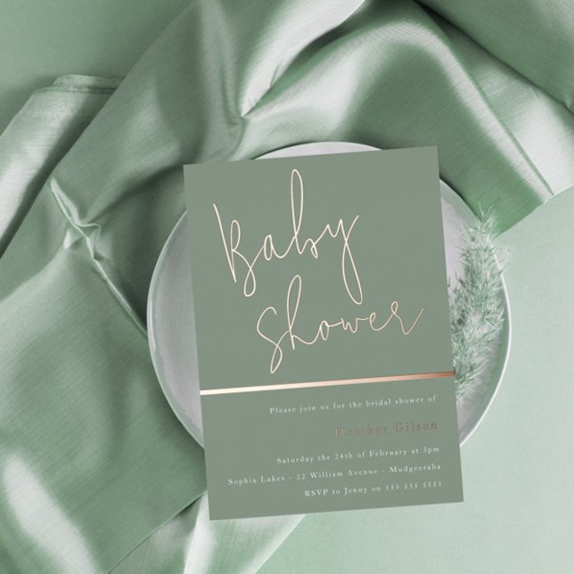 Sage Green Modern Baby Dusche Rose Gold Folieneinladung (Von Creator hochgeladen)