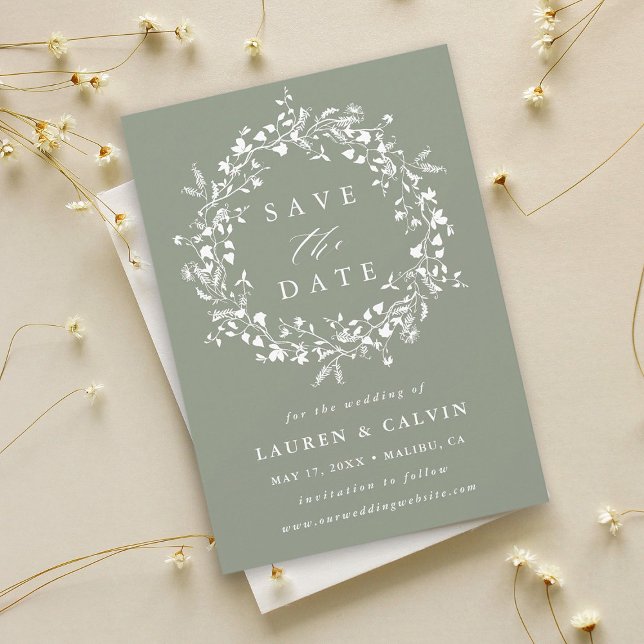 Sage Green Modern Boho Wildblume Wedding Foto Save The Date (Von Creator hochgeladen)