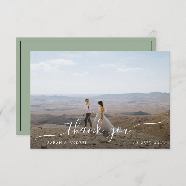 Sage Green Modern Border Foto Script Hochzeit Dankeskarte (Vorne/Hinten)