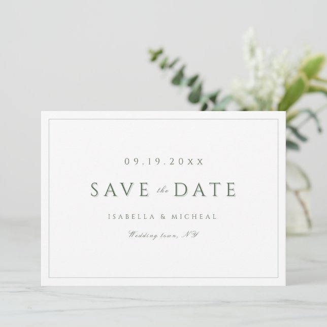 Sage Green Modern Classy Luxe Save the Date (Stehend Vorderseite)