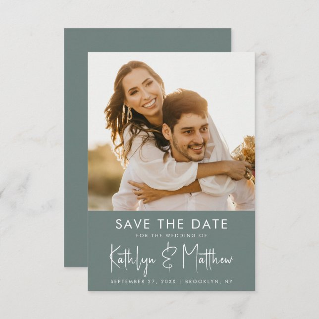 Sage Green Modern Foto Minimalistisch Hochzeit Save The Date (Vorne/Hinten)