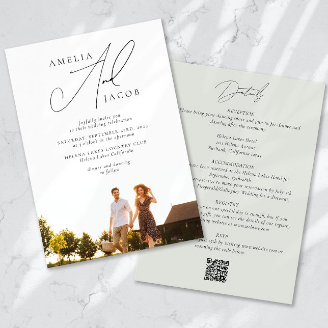 Sage Green Modern Foto QR Code Alles in einer Hoch Einladung (Von Creator hochgeladen)