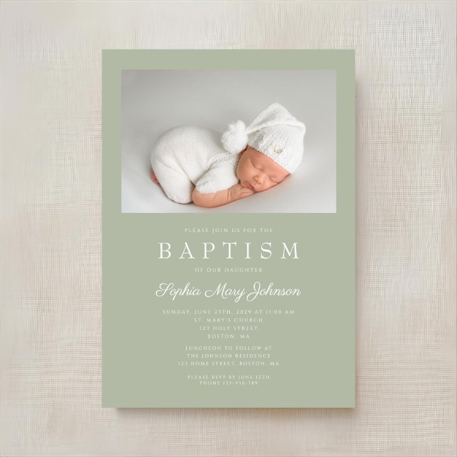 Sage Green Modern Foto Taufe Einladung (Sage Green Modern Photo Baptism Invitation)