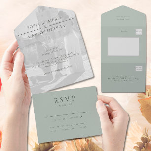 Sage Green Modern Foto Wedding All In One Einladung