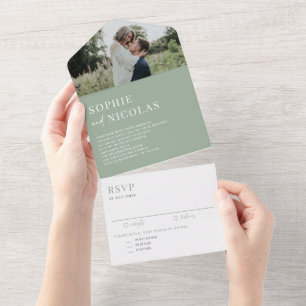 Sage Green Modern Handwriting Foto Hochzeit All In One Einladung