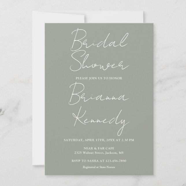 Sage Green Modern Minimalist Script Bridal Dusche Einladung (Vorderseite)