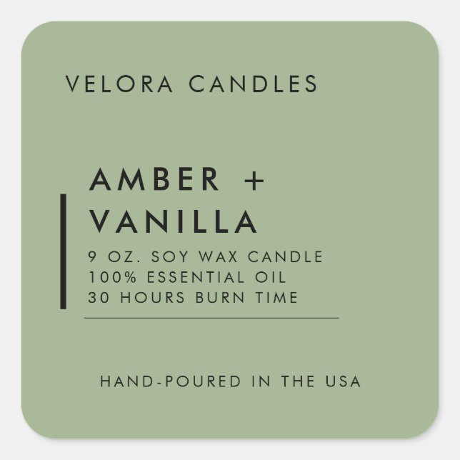 Sage Green Modern Minimalistisch Candle Label Aufk Quadratischer Aufkleber (Vorderseite)