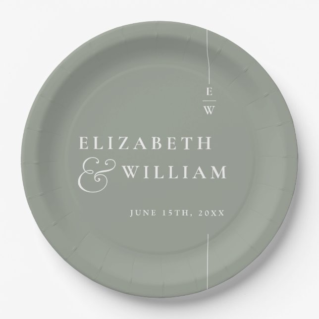 Sage Green Modern Minimalistisch Monogram Wedding Pappteller (Vorderseite)