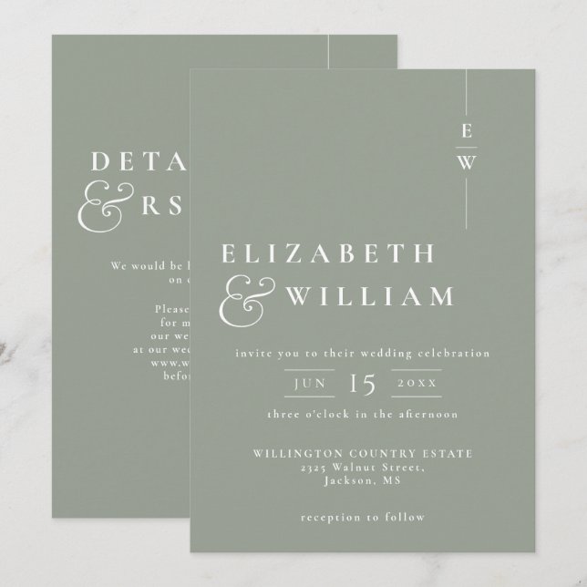 Sage Green Modern Monogram Wedding QR Code Einladung (Vorne/Hinten)