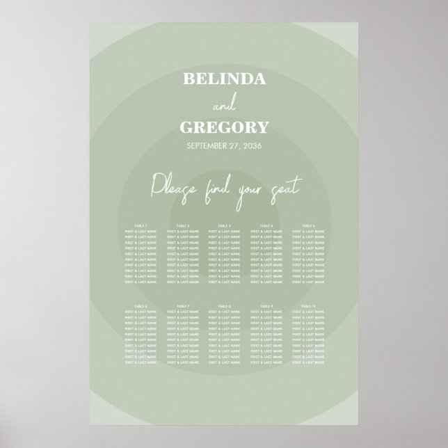 Sage Green Modern Monogram Wedding Seating Chart Poster (Vorne)