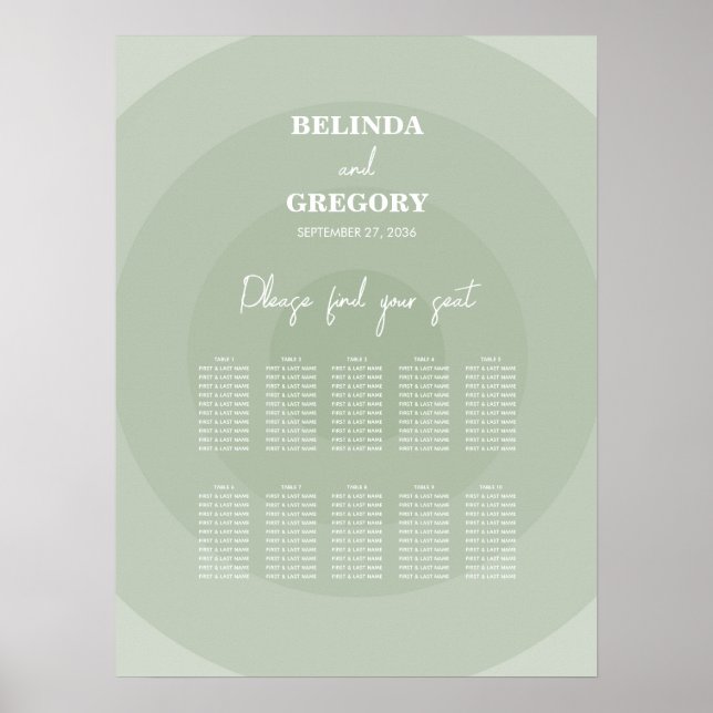 Sage Green Modern Monogram Wedding Seating Chart Poster (Vorne)