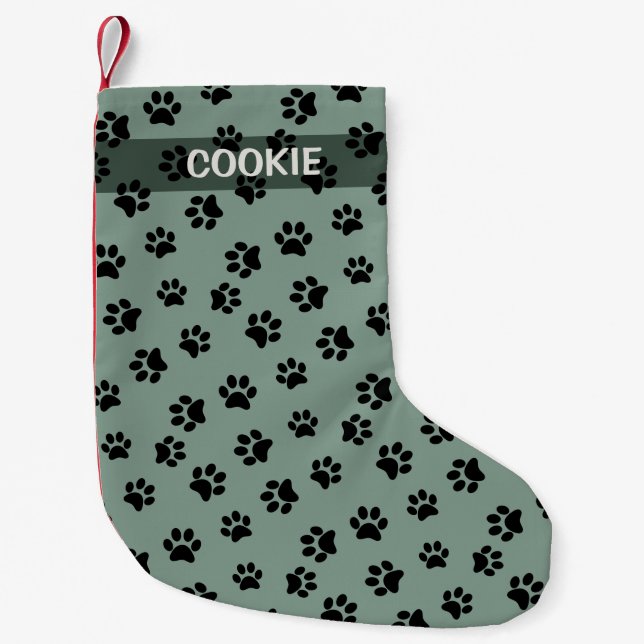 Sage Green Modern Niedlich Paw Pattern Name Dog hi Kleiner Weihnachtsstrumpf (Vorderseite)