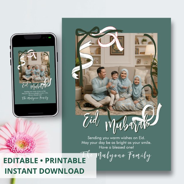 Sage Green Modern Ribbon Family Photo Eid Mubarak Feiertagskarte (Von Creator hochgeladen)