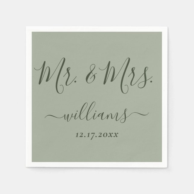Sage Green Modern Script Mr. and Mrs Wedding Serviette (Vorderseite)