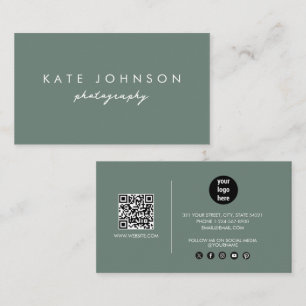 Sage Green Modern Script QR Code Social Media Visitenkarte