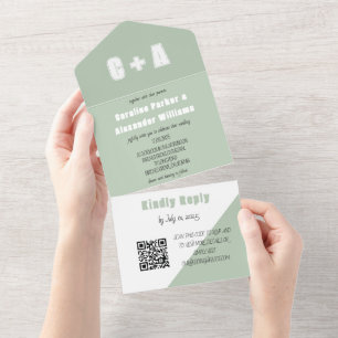 Sage Green Modern Simple QR Code kühl elegant All In One Einladung