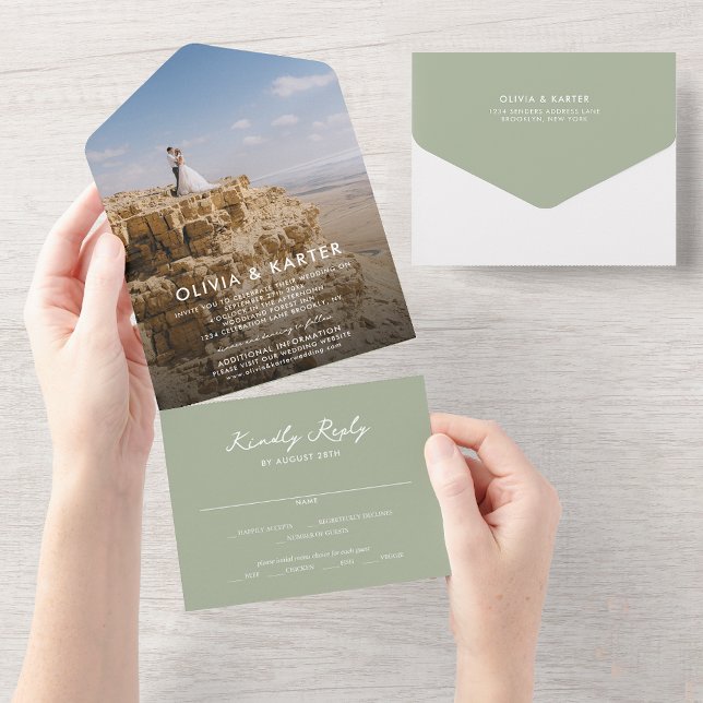 Sage Green Modern Simple Romantic Foto Wedding All In One Einladung (Von Creator hochgeladen)