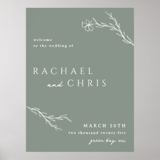 Sage Green Modern Stencied Floral Begrüßungszeiche Poster
