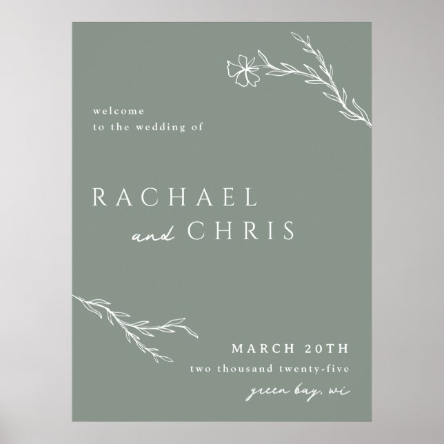 Sage Green Modern Stencied Floral Begrüßungszeiche Poster (Vorne)