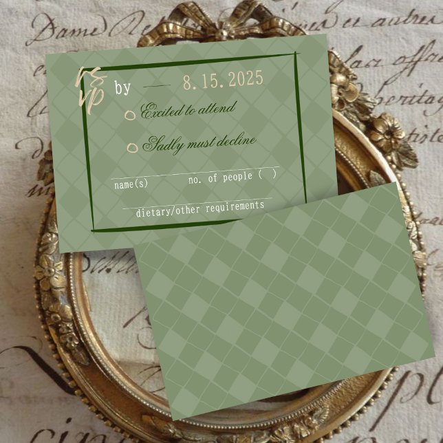Sage Green Modern Vintag Harlequin Wedding RSVP Begleitkarte (Von Creator hochgeladen)
