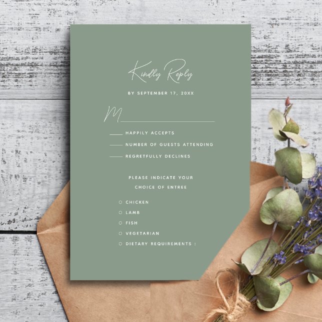 Sage Green Modern Whimsical Script Hochzeit RSVP Karte (Von Creator hochgeladen)