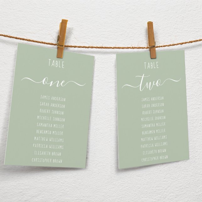 Sage Green Modern White Script Seating Chart Card (Von Creator hochgeladen)