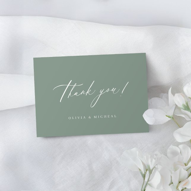 Sage Green moderne Drehbuch minimalistische Hochze Dankeskarte (Sage Green modern script minimalist wedding Thank You Card)