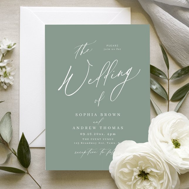 Sage Green moderne Drehbuch minimalistische Hochze Einladung (Sage Green modern script minimalist wedding Invitation)