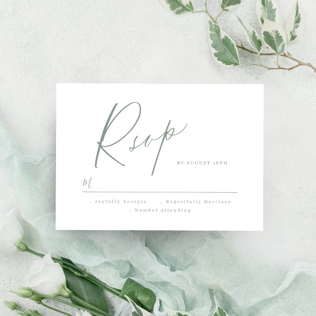 Sage Green moderne Skript minimalistische Hochzeit RSVP Karte (Sage Green modern script minimalist wedding RSVP)