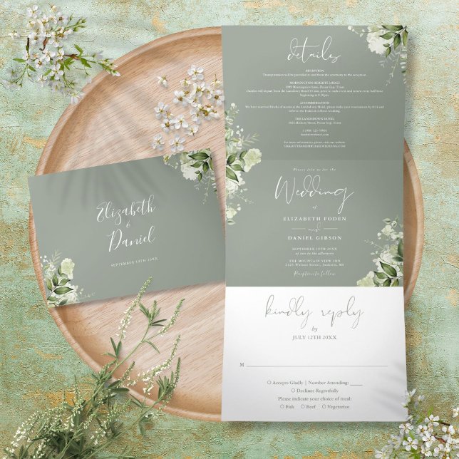 Sage Green Modernes botanisches Greenery Foto Hoch Dreifach Gefaltete Einladung (Sage Green Modern Botanical Greenery Photo Wedding Tri-Fold Invitation)