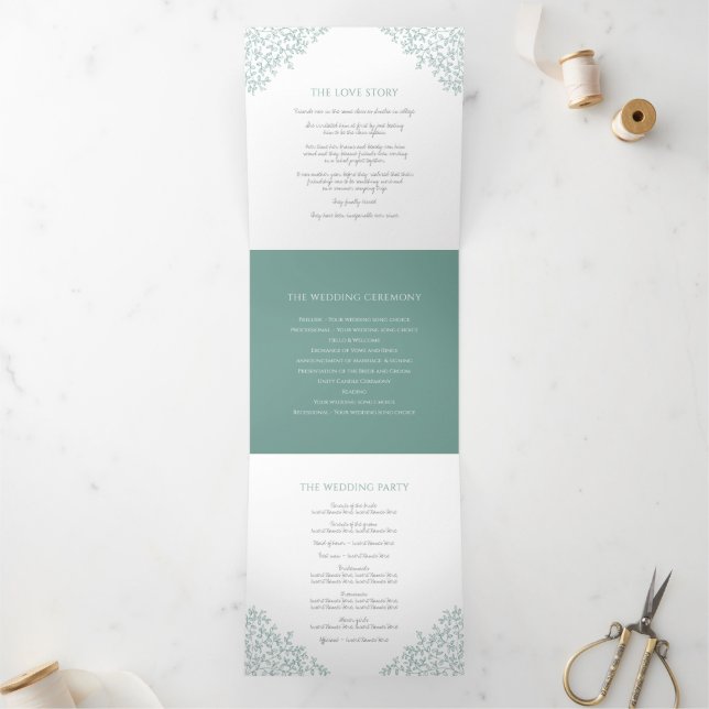 Sage Green Mongram Art Story Widding Hochzeit Dreifach-gefaltete Programmkarte (Innenseite)