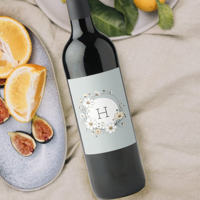 Sage Green Monogram Boho Blume Personalisiert Weinetikett (Von Creator hochgeladen)