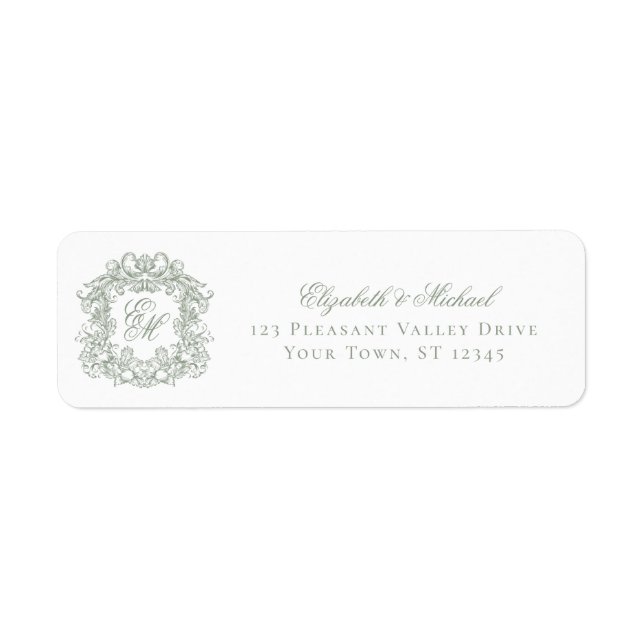 Sage Green Monogram Crest Wedding Return Address (Vorne)