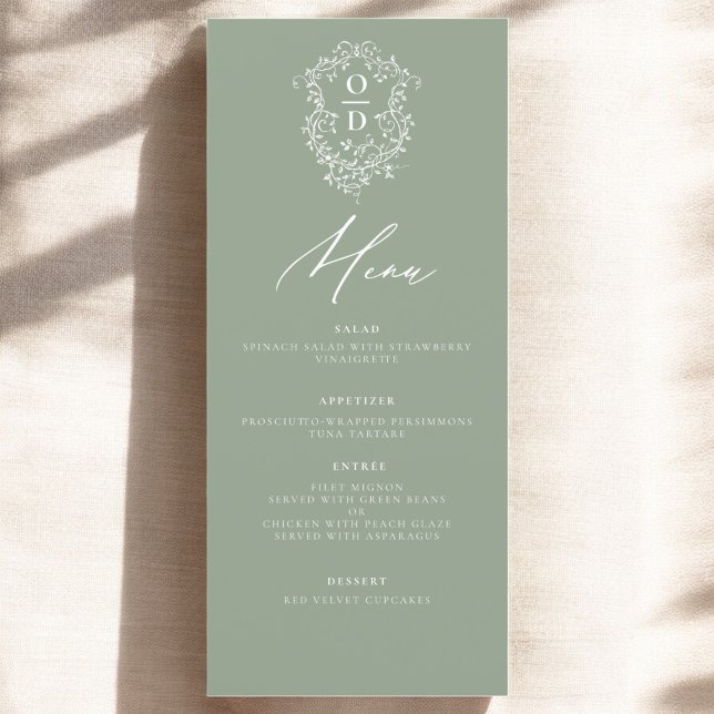 Sage Green Monogram Elegant Wedding Empfang Menükarte (Von Creator hochgeladen)