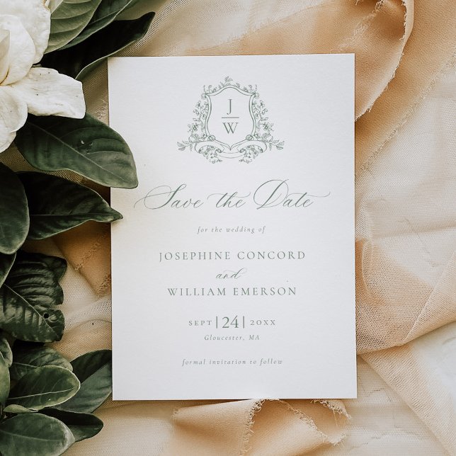 Sage Green Monogram Floral Wappen Wedding Save The Date (Von Creator hochgeladen)