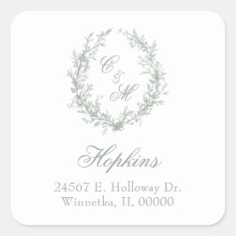 Sage Green Monogram Floral Wreath Wedding Quadratischer Aufkleber