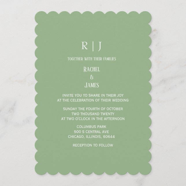 Sage Green Monogram Initials Classy Simple Wedding Einladung (Vorderseite)