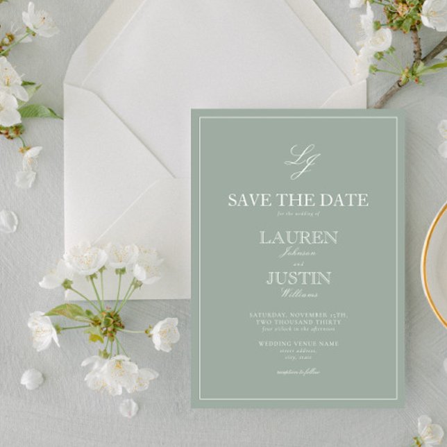 Sage Green Monogram Modern Script Save the Date Einladung (Von Creator hochgeladen)