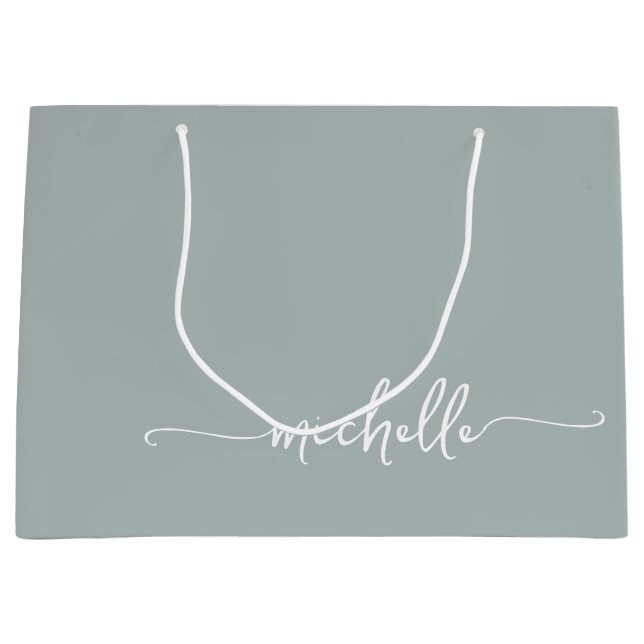 Sage Green Monogram Name Script Calligraphy Große Geschenktüte (Vorderseite)