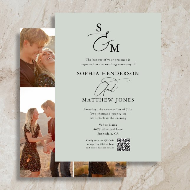 Sage Green Monogram QR Code Foto Hochzeit Einladung (Von Creator hochgeladen)