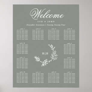 Sage Green Monogram Wreath Wedding 12 Tables Poster