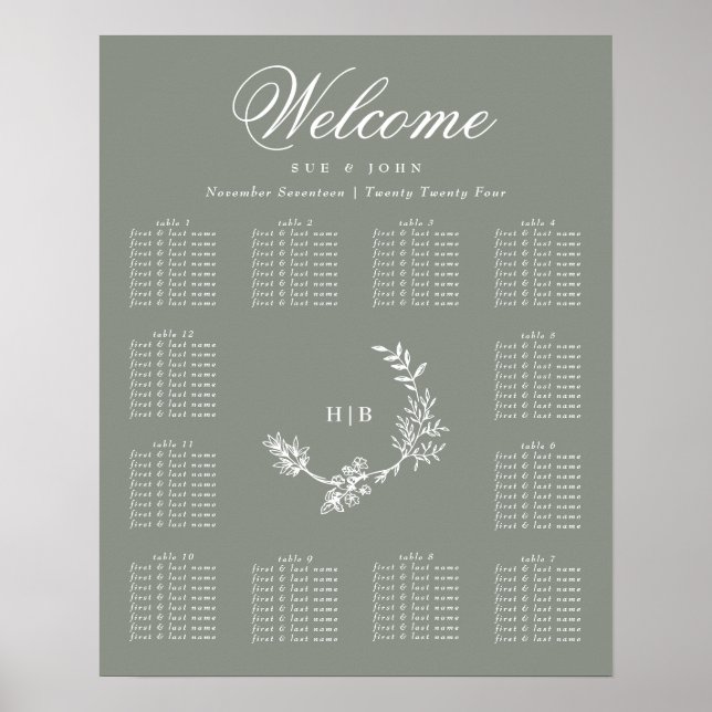 Sage Green Monogram Wreath Wedding 12 Tables Poster (Vorne)