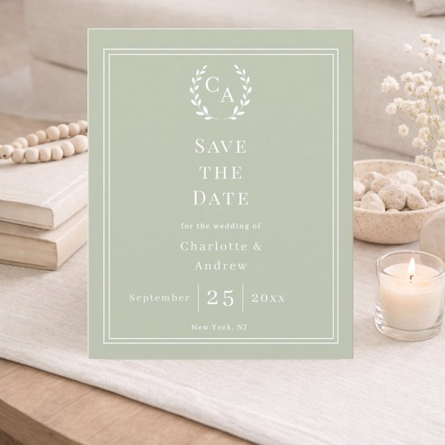 Sage green monogram wreath wedding Save the Date  (Von Creator hochgeladen)