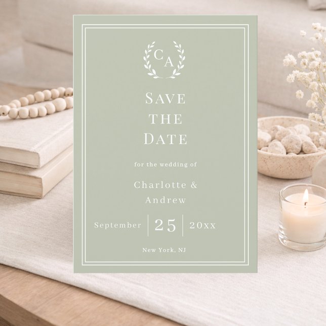 Sage green monogram wreath wedding save the date (Von Creator hochgeladen)