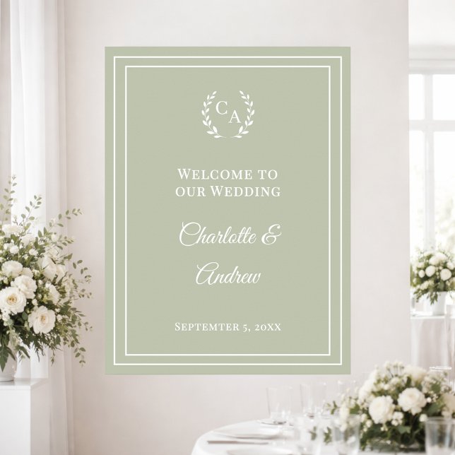 Sage green monogrammed elegant wedding welcome poster (Von Creator hochgeladen)