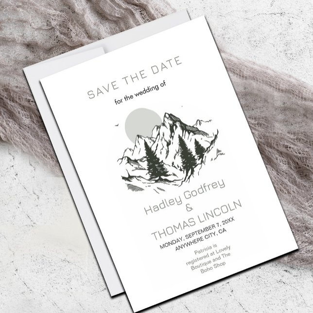 Sage Green Mountains Save the Date Einladung (Simple Sage Green and White Save the Date #savethedate #classysummerwatercolor #rustic #nature)